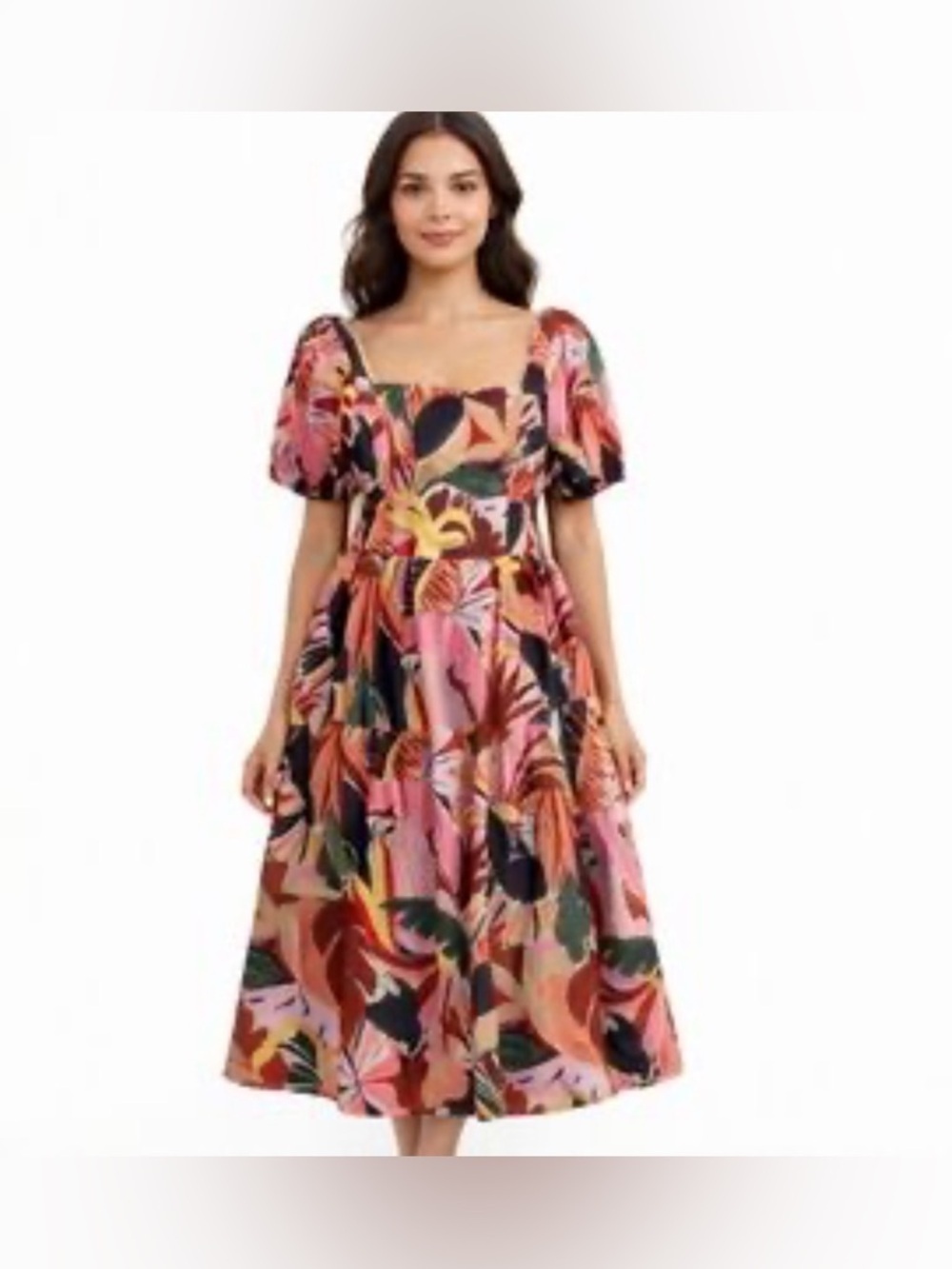 Crystal Sky multicolor
 Leaf print puff sleeve midi tiered dress size 3X - Picture 3 of 6